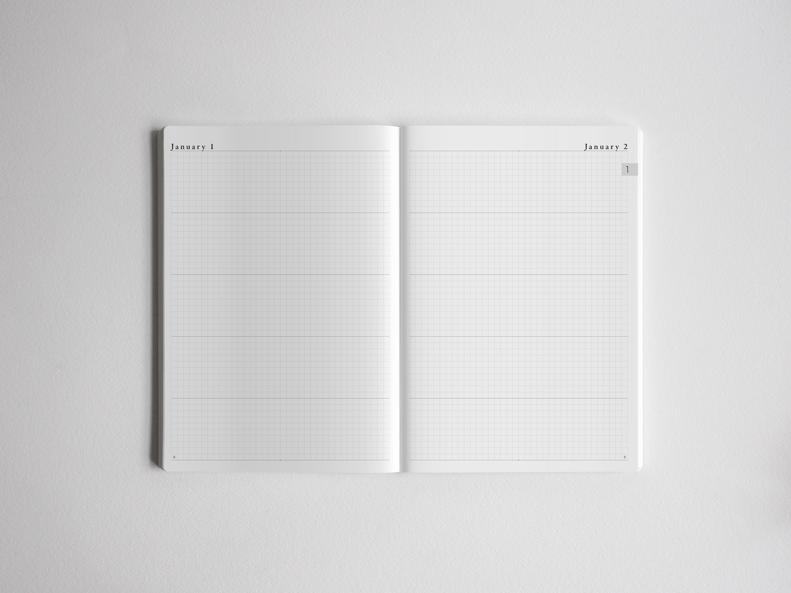 Open undated diary showing two white, gridded pages, offering structured graph paper lines perfect for comprehensive journaling, planning, and note-taking.