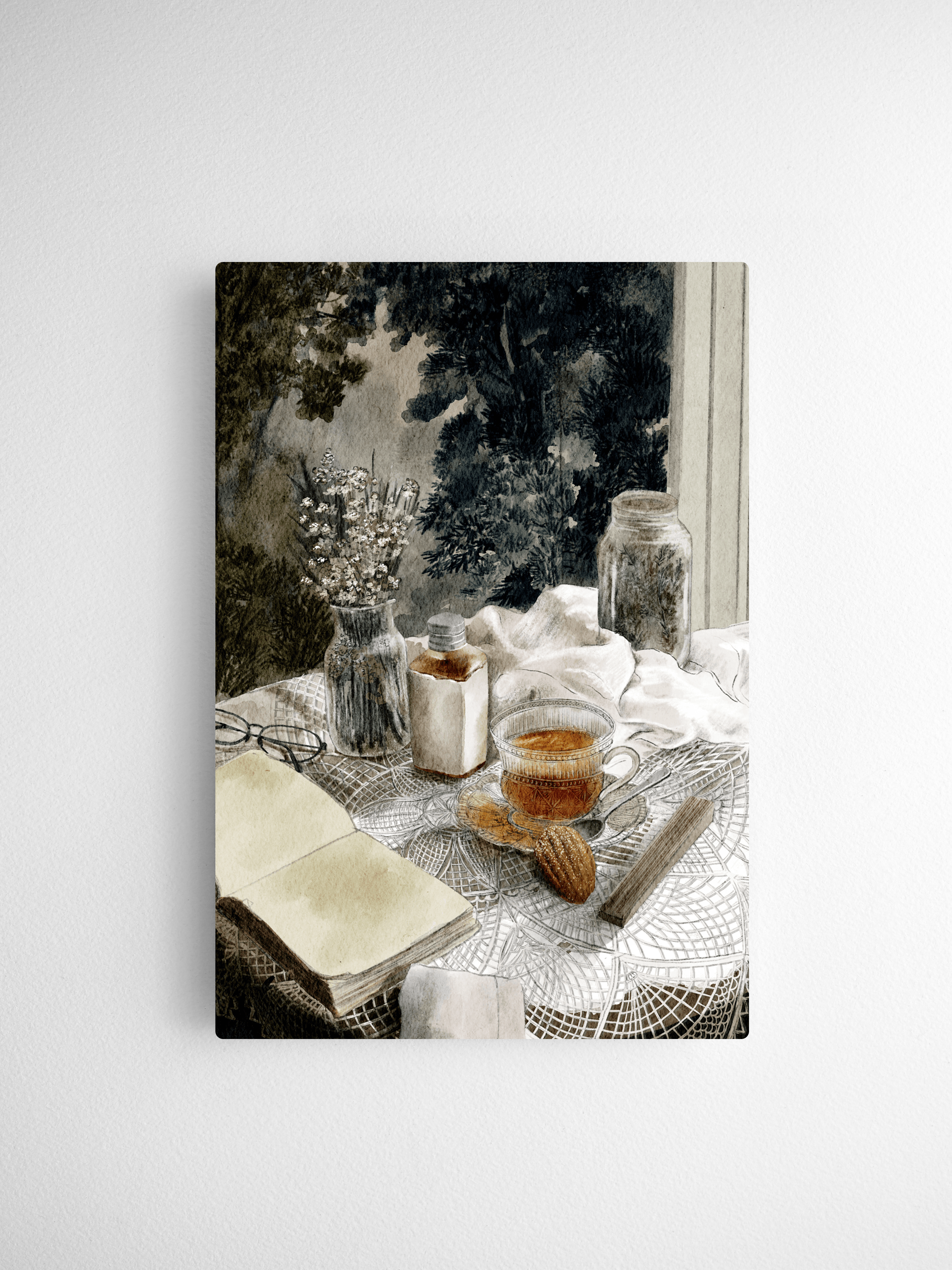 Canvas print of a still life scene with a teacup, book, and jar on a table.