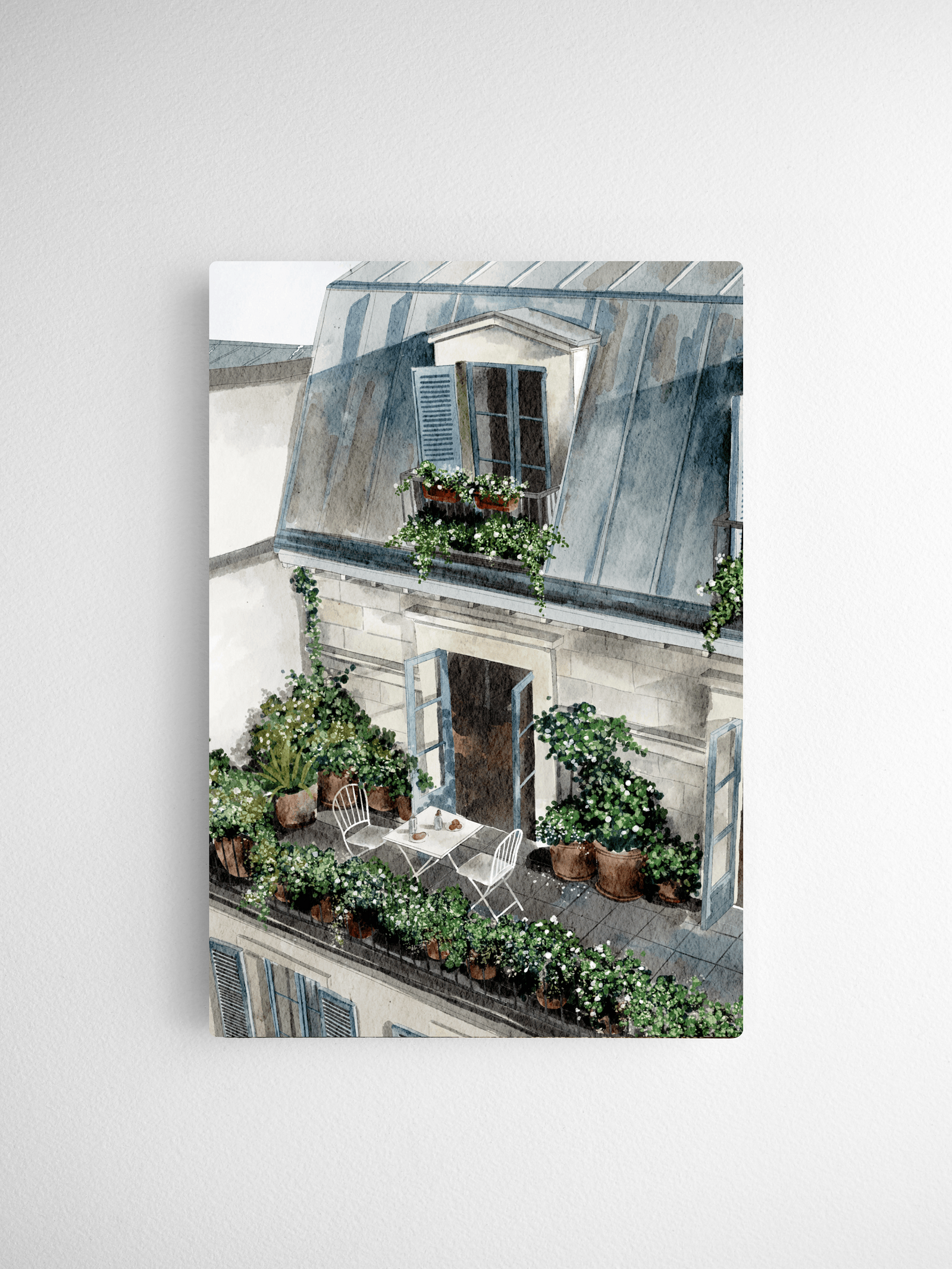 Soft watercolor illustration of a historic European facade, featuring lush potted greenery and flowers against a weathered gray stone backdrop.