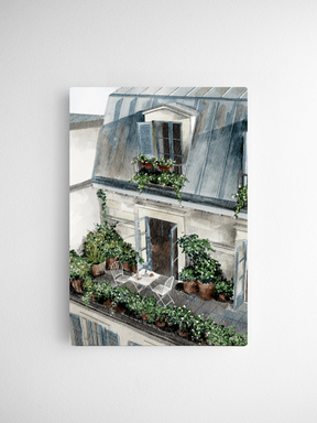 Soft watercolor illustration of a historic European facade, featuring lush potted greenery and flowers against a weathered gray stone backdrop.