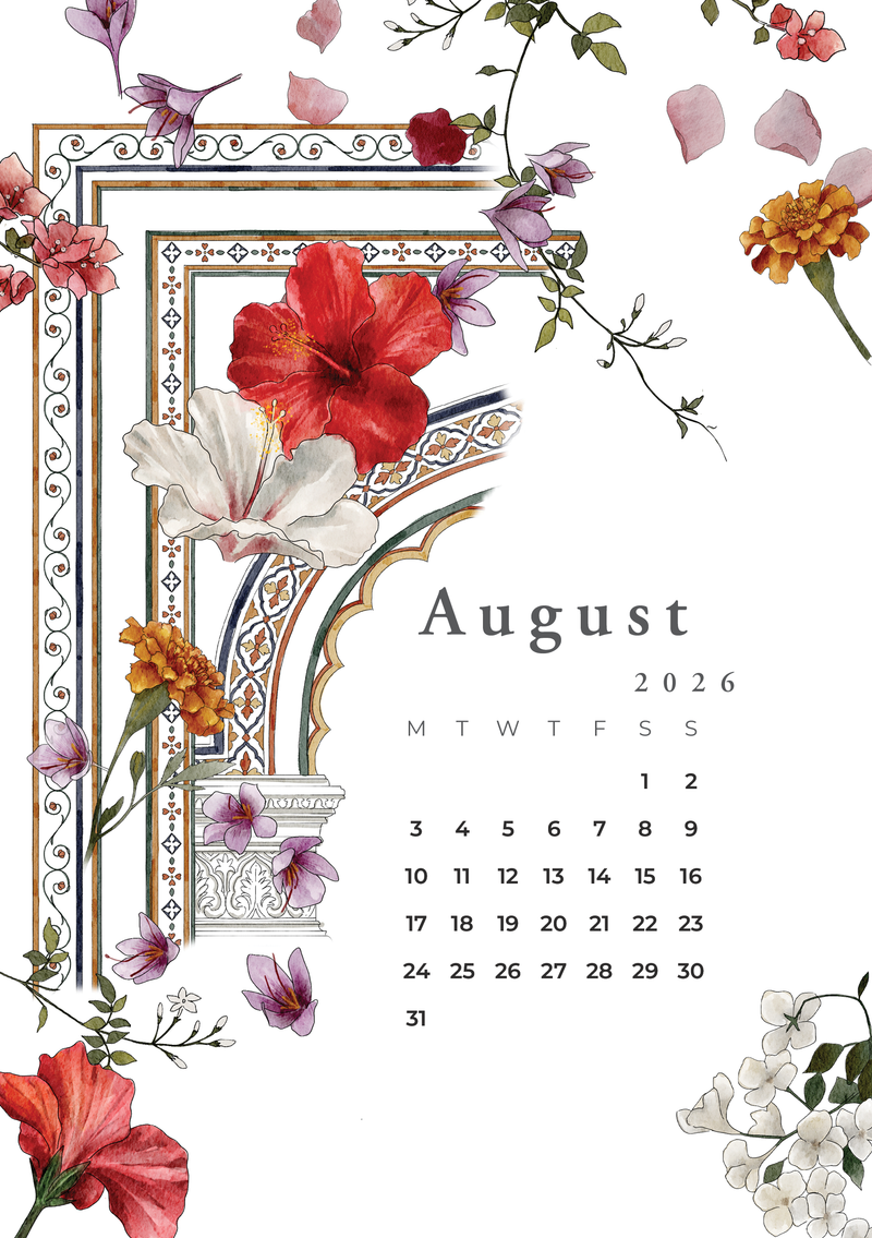 Lush watercolor floral calendar page for August 2026, featuring tropical hibiscus blooms and ornate botanical borders in reds, pinks, and creams.