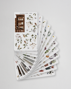 Collection of seasonal botanical arrangement stickers featuring watercolor florals, rustic vignettes, and natural elements for planning and journaling.