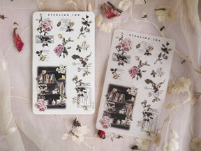 Romantic sticker sheets for December 2023, featuring blush pink roses, delicate botanical foliage, and organized calendar grids in a vintage style.