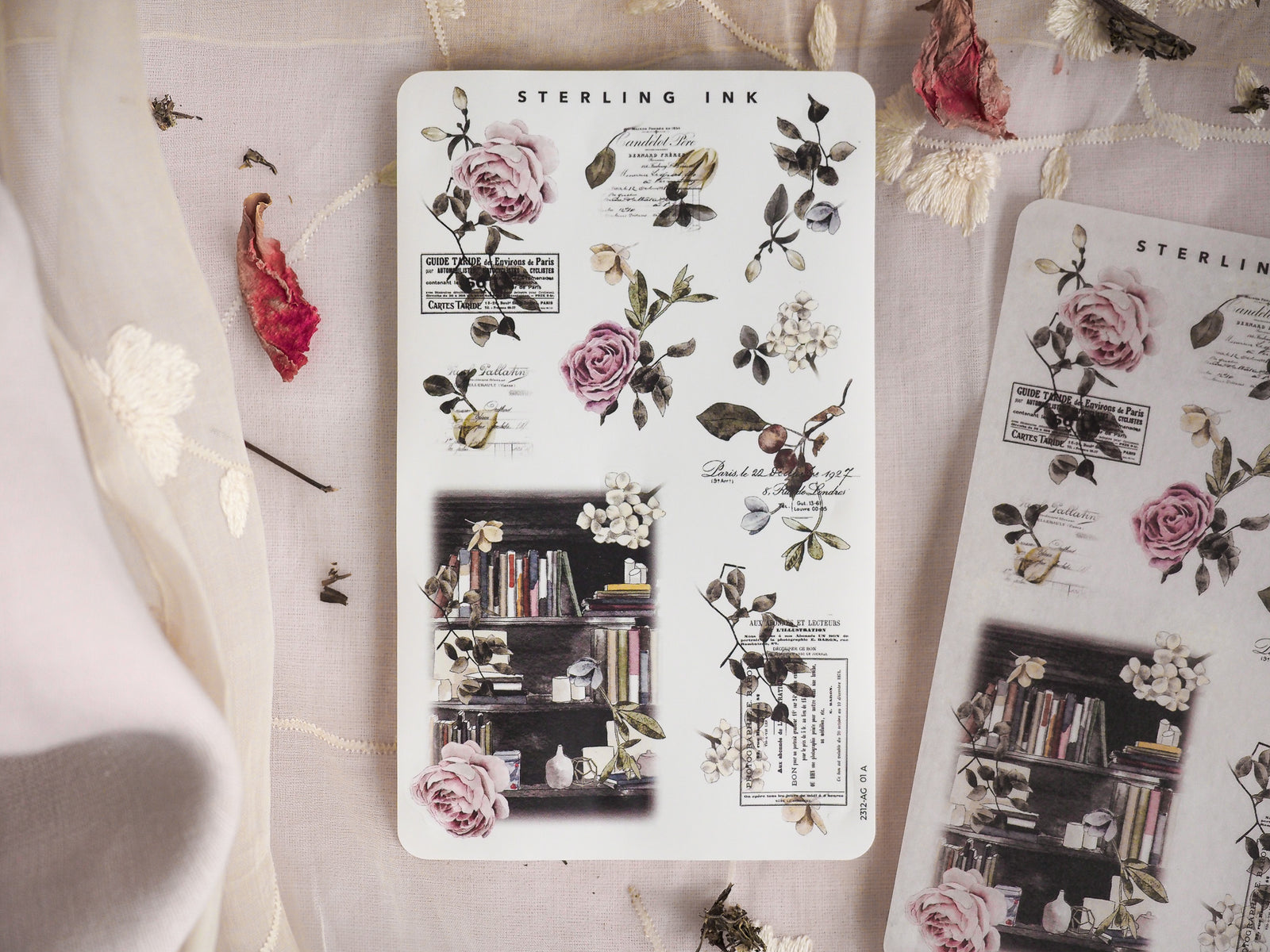 Vintage sticker set featuring delicate botanical arrangements of roses and detailed Parisian illustrations in muted sepia and dusty ink tones.