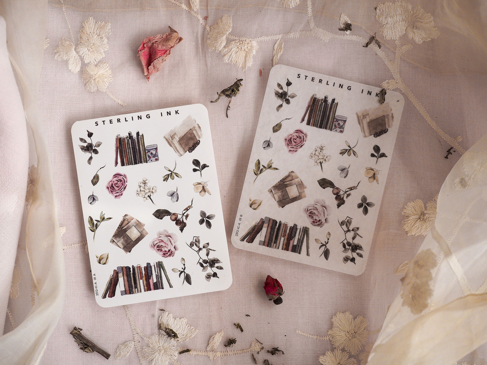 Detailed sticker sheets featuring assorted mini seasonal elements, including muted roses, dried foliage, and natural geometric blocks.