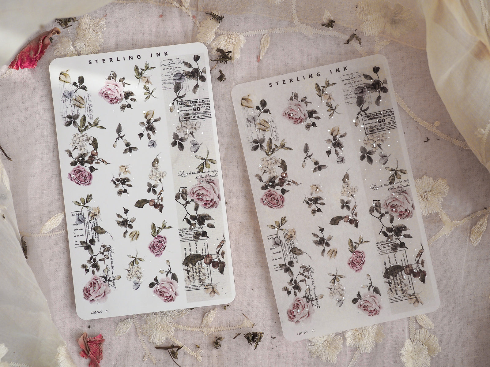 Botanical washi sticker sheets featuring vintage scientific illustrations of delicate pink roses, intricate leaves, and accompanying detailed labels.