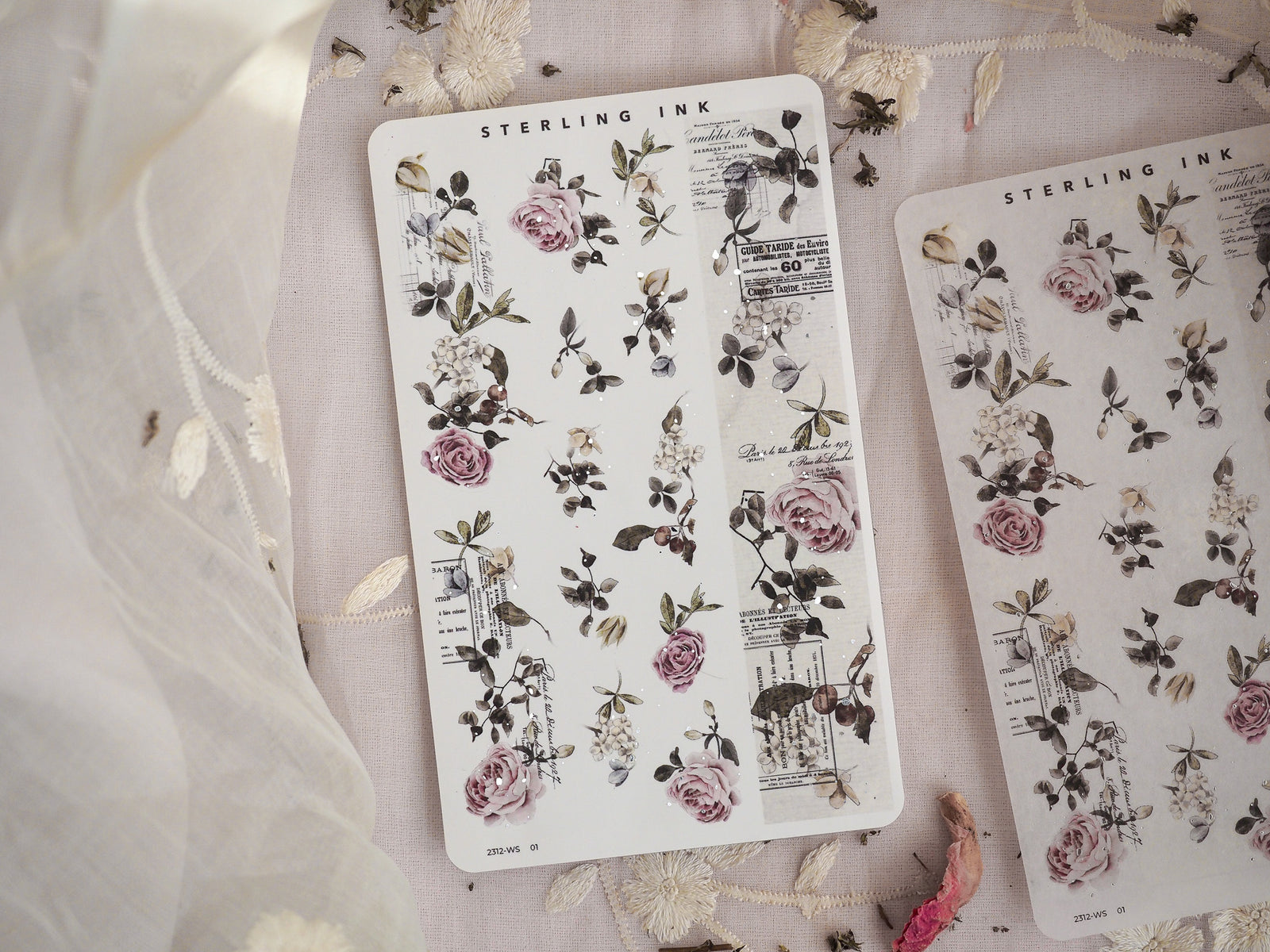 Botanical washi strip stickers featuring vintage scientific illustrations of blush roses, detailed leaves, and delicate floral sprigs.