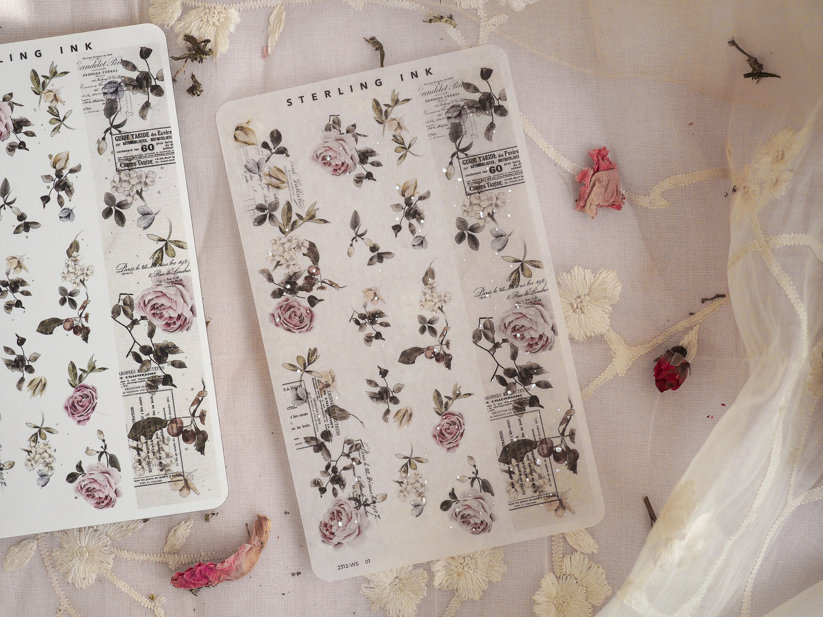 Vintage botanical washi strip stickers featuring detailed illustrations of pink roses, green leaves, and delicate berries on white paper.
