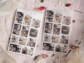 Decorative sheet of vintage stamps featuring sepia-toned images of cobblestone streets and romantic watercolor roses, perfect for journaling and scrapbooking.