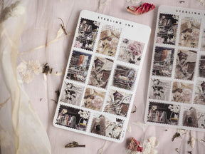 Vintage stamps stickers featuring a collage of sepia-toned postage stamps, ticket stubs, and delicate floral illustrations perfect for journaling.