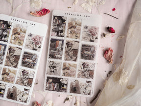 Sepia-toned craft sticker sheets featuring a vintage theme of stacked books, delicate roses, and detailed antique architectural elements.