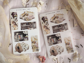 Vintage sticker sheets featuring torn, sepia-toned paper clippings depicting distressed bookshelves, antique items, and evocative literary text for journaling or crafting.