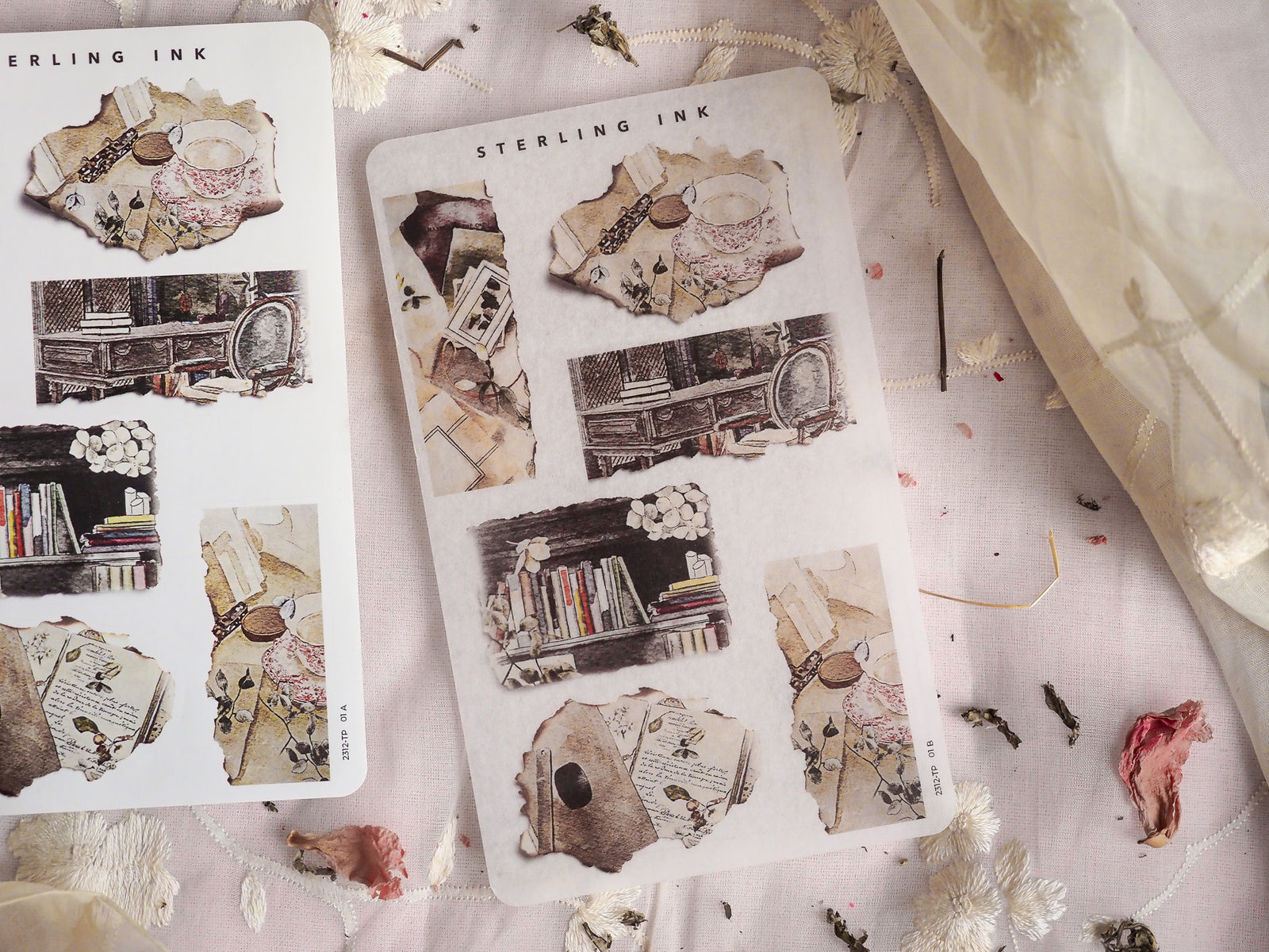 A set of sepia-toned, torn paper stickers featuring vintage ephemera, stacked books, and decorative aged journaling accents for scrapbooking.