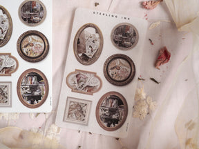 Ornate sticker set featuring diverse vintage picture frames surrounding distressed photo collages of nostalgic indoor scenes perfect for scrapbooking or journaling.