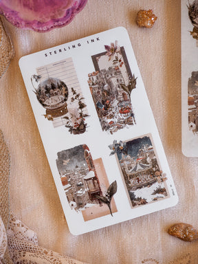 Silver foil collage stickers for December 2025, featuring detailed winter scenes of snow-covered European cities and festive holiday decorations.