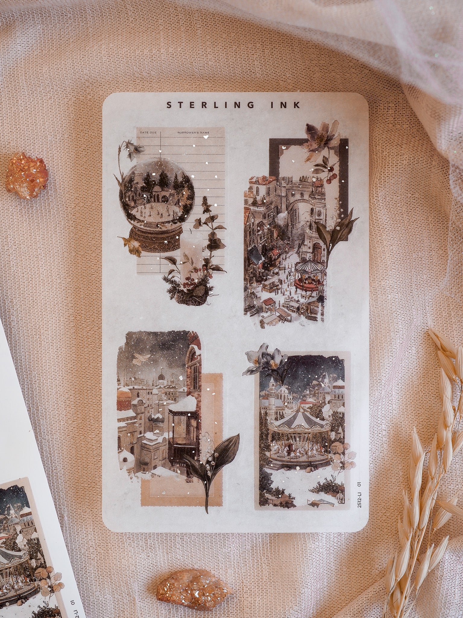 Festive collage stickers featuring vintage black and white illustrations of charming, cobblestone village scenes, perfect for December 2025 journaling.