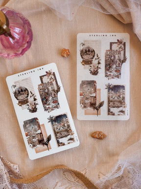 Vintage collage stickers featuring detailed sepia-toned illustrations of historic European architecture, seasonal holiday scenes, and decorative elements.