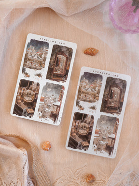 Vintage sepia illustration stickers featuring antique-style engravings of detailed European city markets, perfect for holiday journaling or crafting.