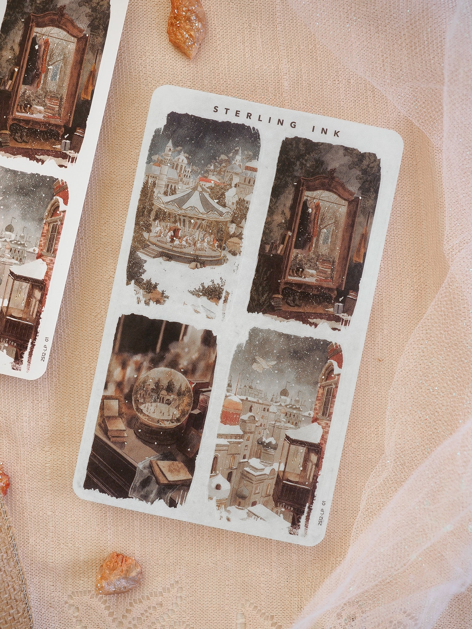 Decorative sticker sheet featuring vintage illustrations of snowy European cityscapes, nostalgic holiday scenes, and festive seasonal details.