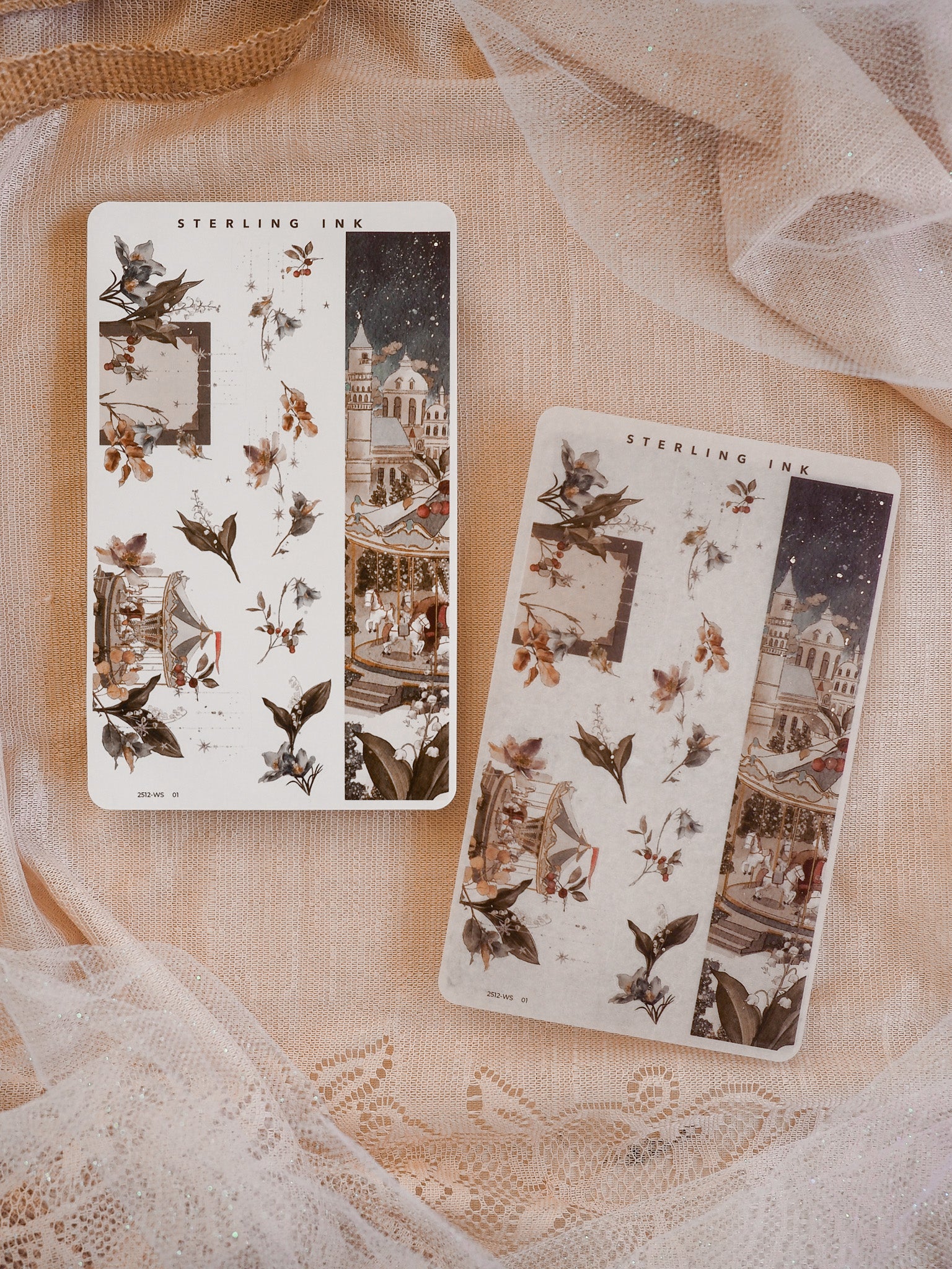 Rustic washi sticker strips featuring festive December market illustrations combined with seasonal foliage, perfect for adding a delicate vintage touch to journaling.