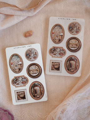 Vintage "Picture Frame Stickers" sheet featuring detailed, ornate, brown-rimmed frames showcasing antique architectural scenes and historic illustrations.