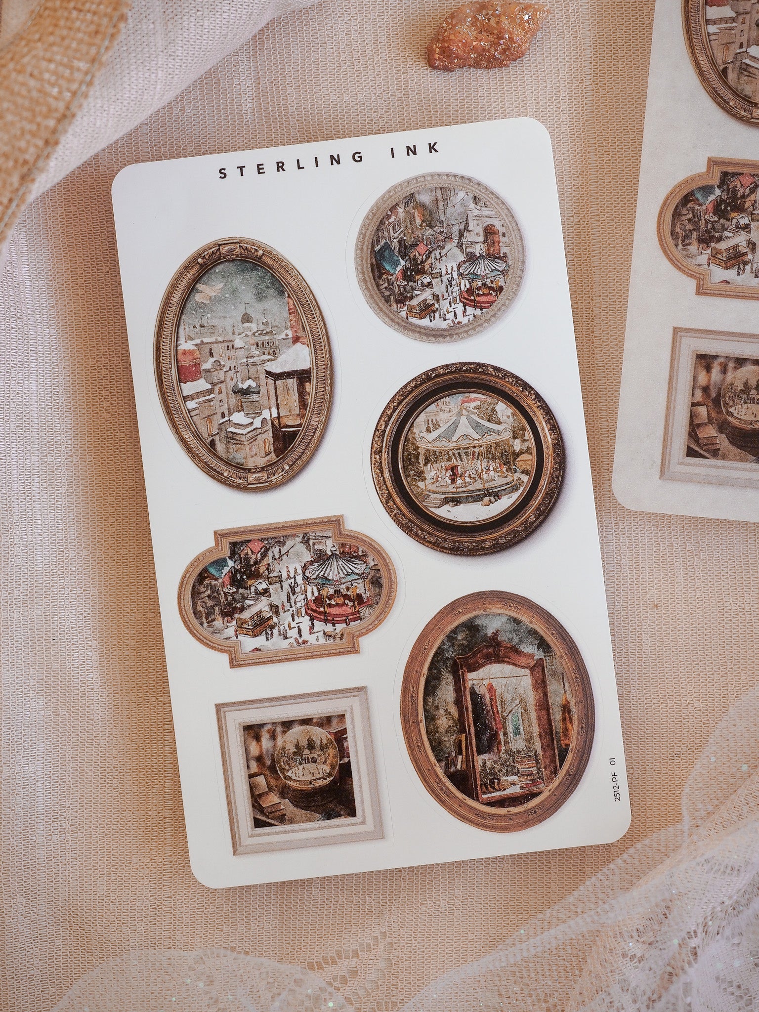 Ornate vintage picture frame sticker set featuring diverse, sepia-toned illustrations of festive scenes in various antique oval and circular designs.