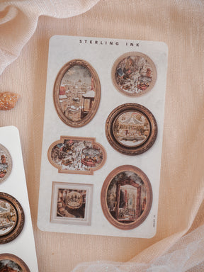Ornamental sticker set featuring die-cut picture frames depicting nostalgic December vignettes, festive holiday markets, and vintage winter scenes.