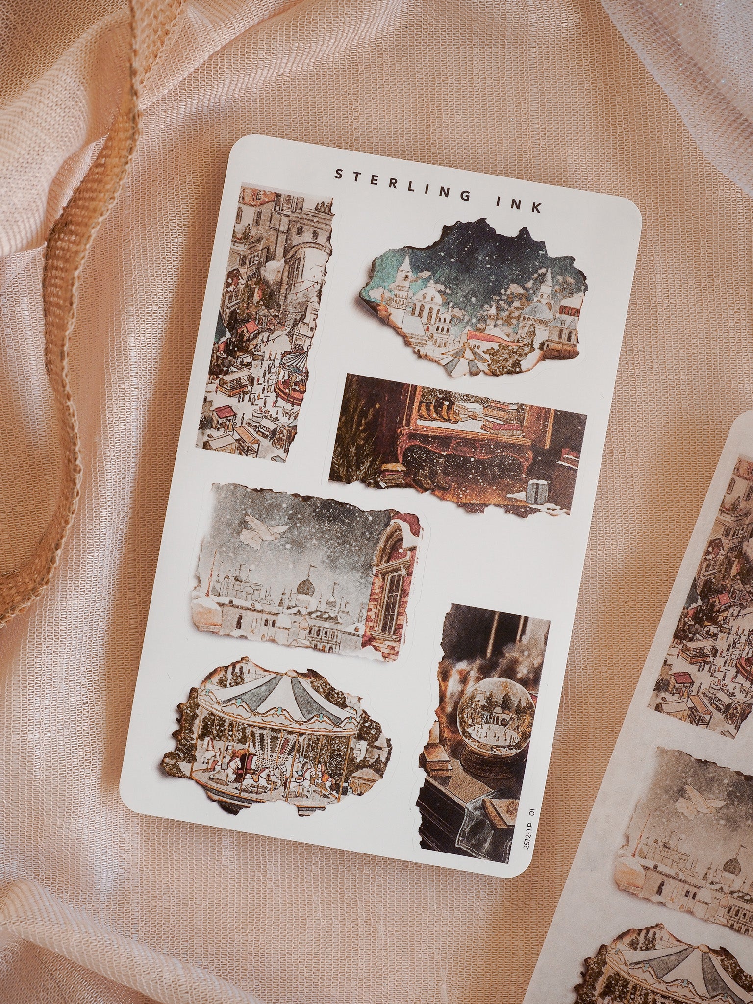 A vintage sticker sheet featuring a collage of distressed, torn-paper images of global architecture and nostalgic travel scenes.