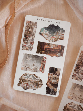 A vintage sticker sheet featuring a collage of distressed, torn-paper images of global architecture and nostalgic travel scenes.