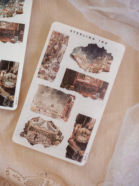 Sheet of distressed, vintage stickers featuring sepia-toned photographs of festive city streets and historic European buildings, themed for December 2025.