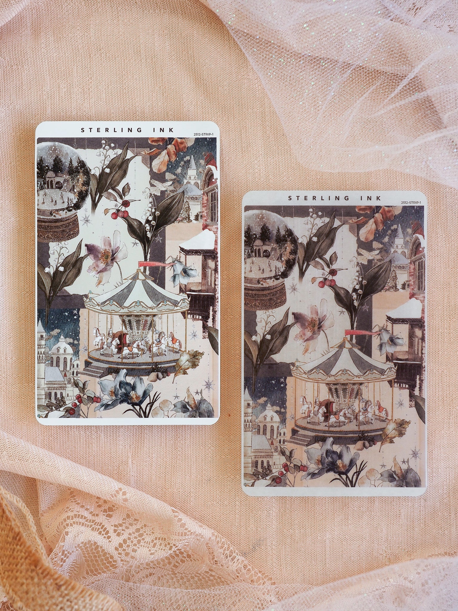 Festive sticker sheets featuring a snowy December market scene with charming Victorian-style stalls, delicate flowers, and nostalgic holiday decorations.