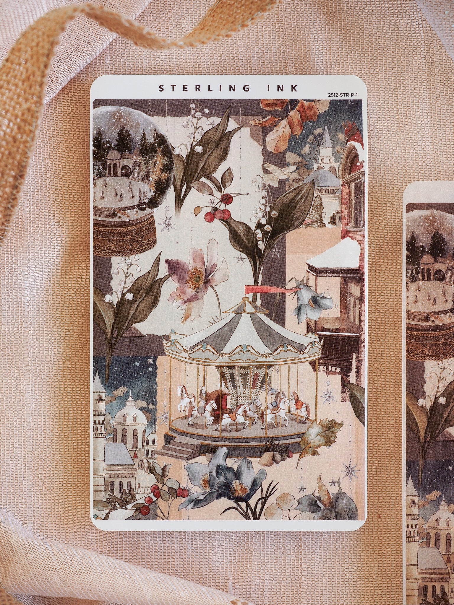Muted illustration sticker strip depicting a festive December scene with a vintage carousel, snowy architecture, and richly detailed holiday floral accents.