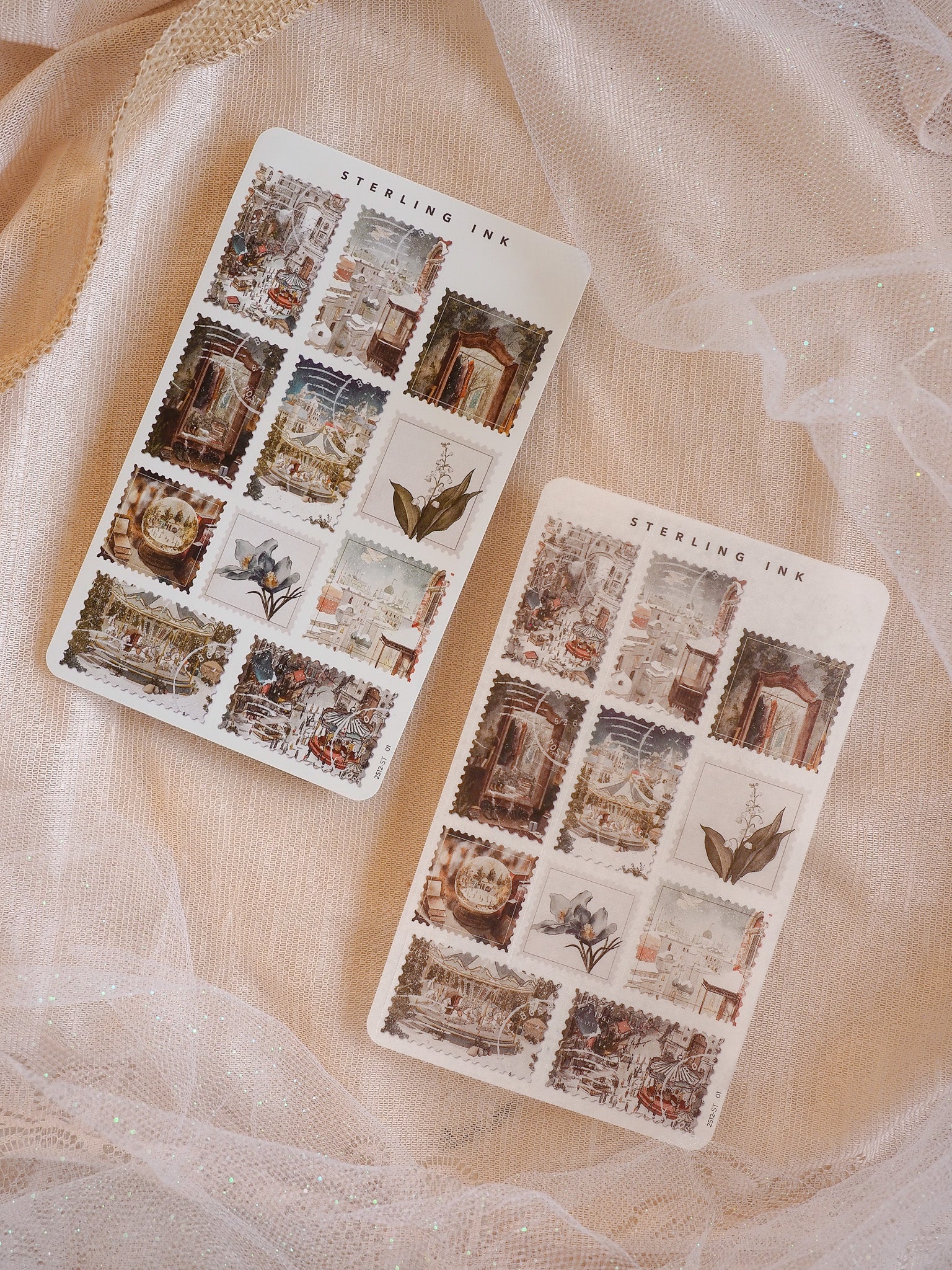 Vintage sepia-toned sticker sheets featuring detailed illustrations of historical architecture and autumnal elements, perfect for themed journaling or seasonal craft planning.