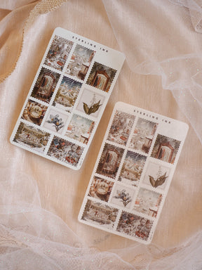 Vintage sepia-toned sticker sheets featuring detailed illustrations of historical architecture and autumnal elements, perfect for themed journaling or seasonal craft planning.