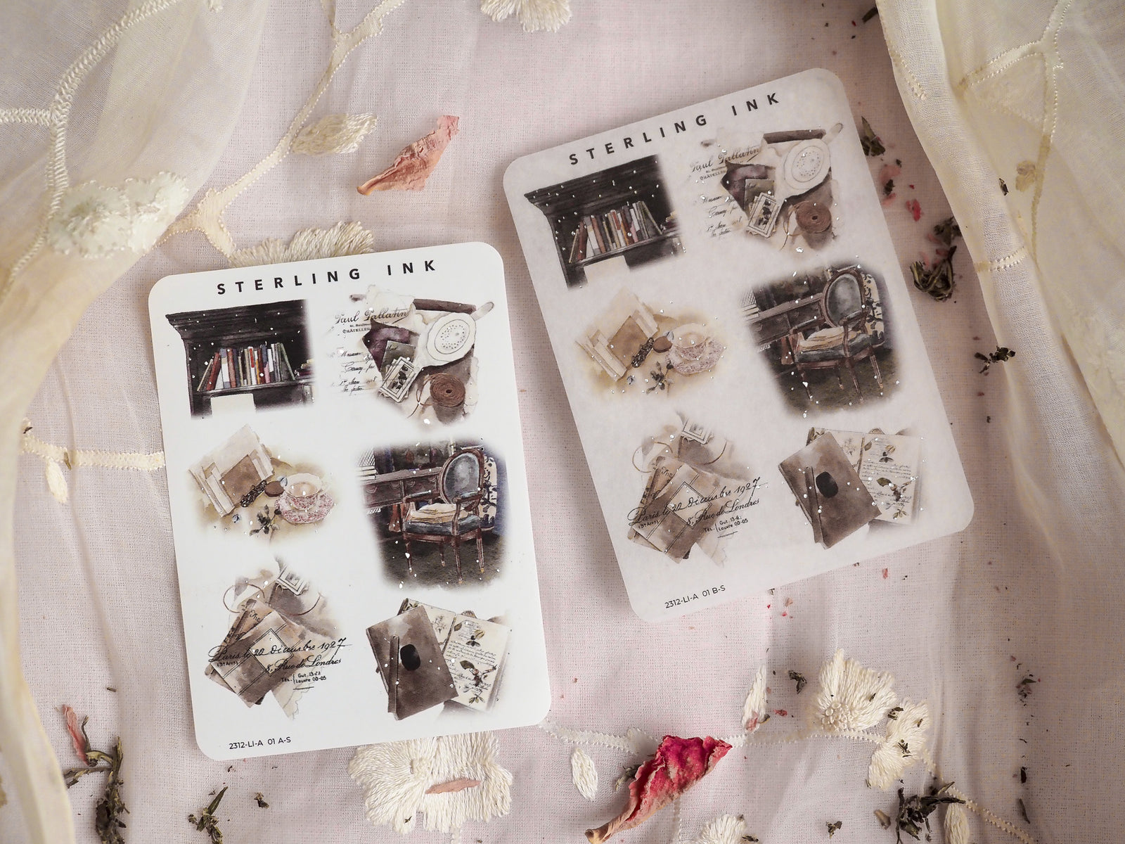 Decorative sheets of silver foil icon stickers featuring vintage clocks, stackable books, and distressed memory frames for December 2023 journaling and scrapbooking.