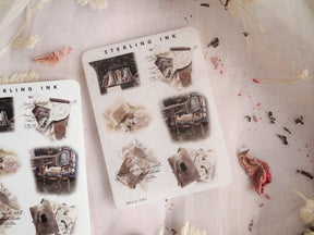 Vintage, large icon stickers featuring distressed black and white photography, antique typography, and elaborate silver foil accents for a moody, historical aesthetic.