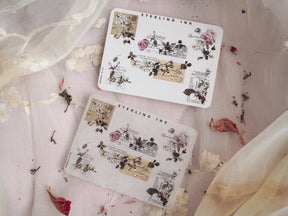 Decorative vintage corner stickers featuring detailed botanical illustrations and aged sepia-toned engravings on white cardstock.
