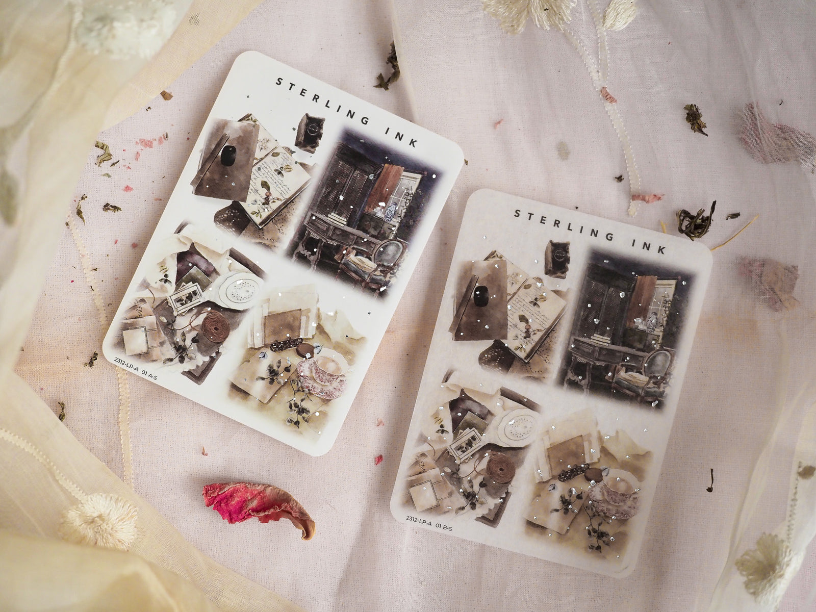 Detailed sticker sheet featuring vintage silver foil illustrations of distressed objects, old books, and decorative elements for a rustic December 2023 journal theme.