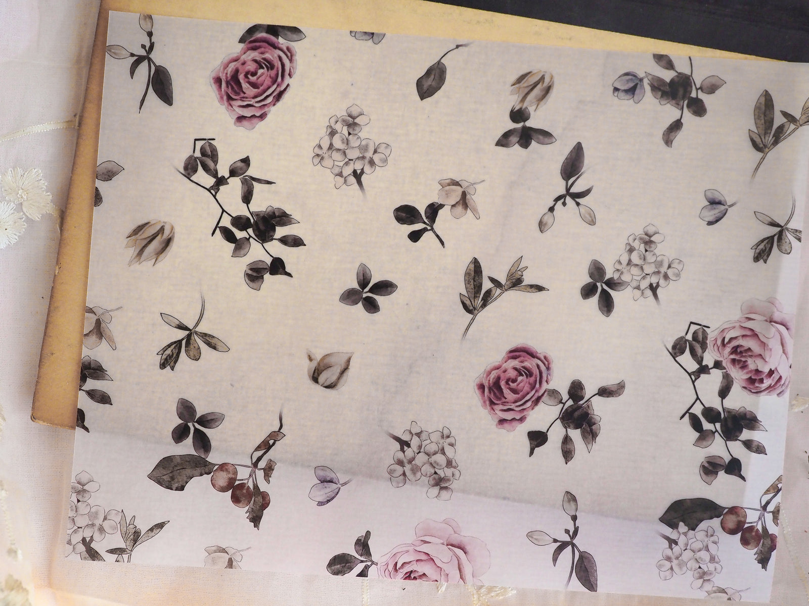 Botanical sticker sheet featuring dark foliage, elegant clusters of white berries, and soft blush pink roses arranged on a creamy neutral background.