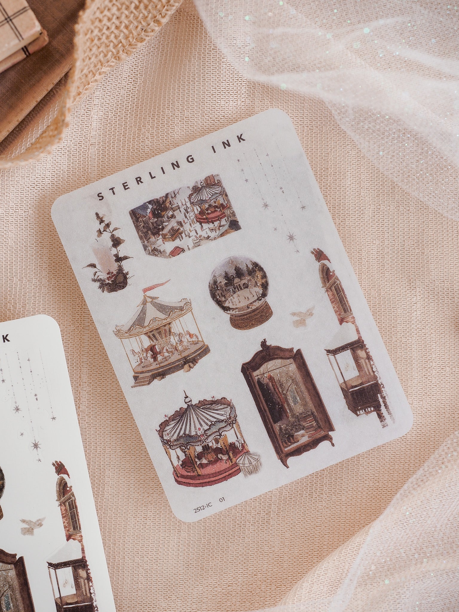 Mini elements sticker sheet featuring vintage, sepia-toned illustrations of antique carousels, market stalls, and festive December holiday icons.