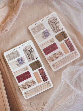 Vintage Parisian-themed torn tape stickers featuring sepia tones, detailed typography, and patterned sections labeled "DIARY."