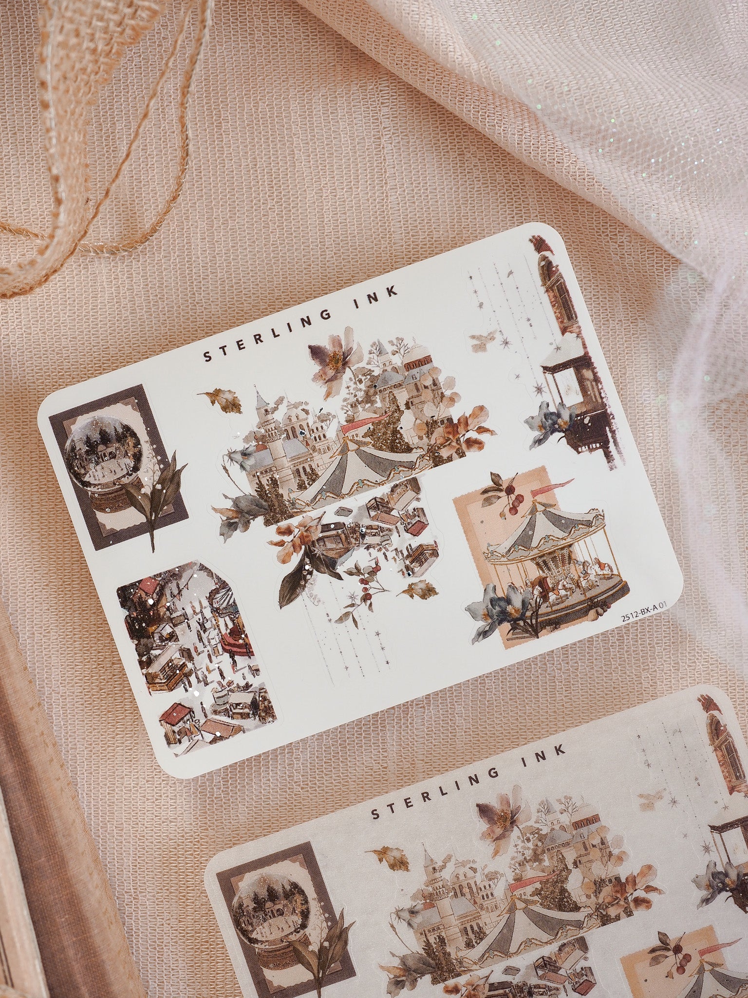 Vintage sepia-toned sticker sheets featuring intricate architectural corner designs, perfect for journaling embellishments and decorative scrapbooking accents.