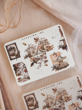 Vintage sepia-toned sticker sheets featuring intricate architectural corner designs, perfect for journaling embellishments and decorative scrapbooking accents.