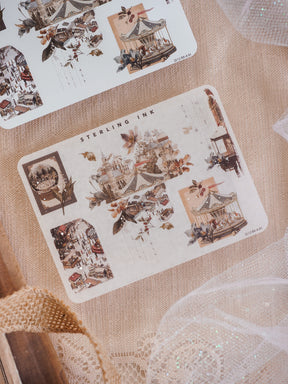 Decorative sheet set of vintage-themed corner and border stickers featuring sepia-toned illustrations of historic cityscapes, pavilions, and architectural details.