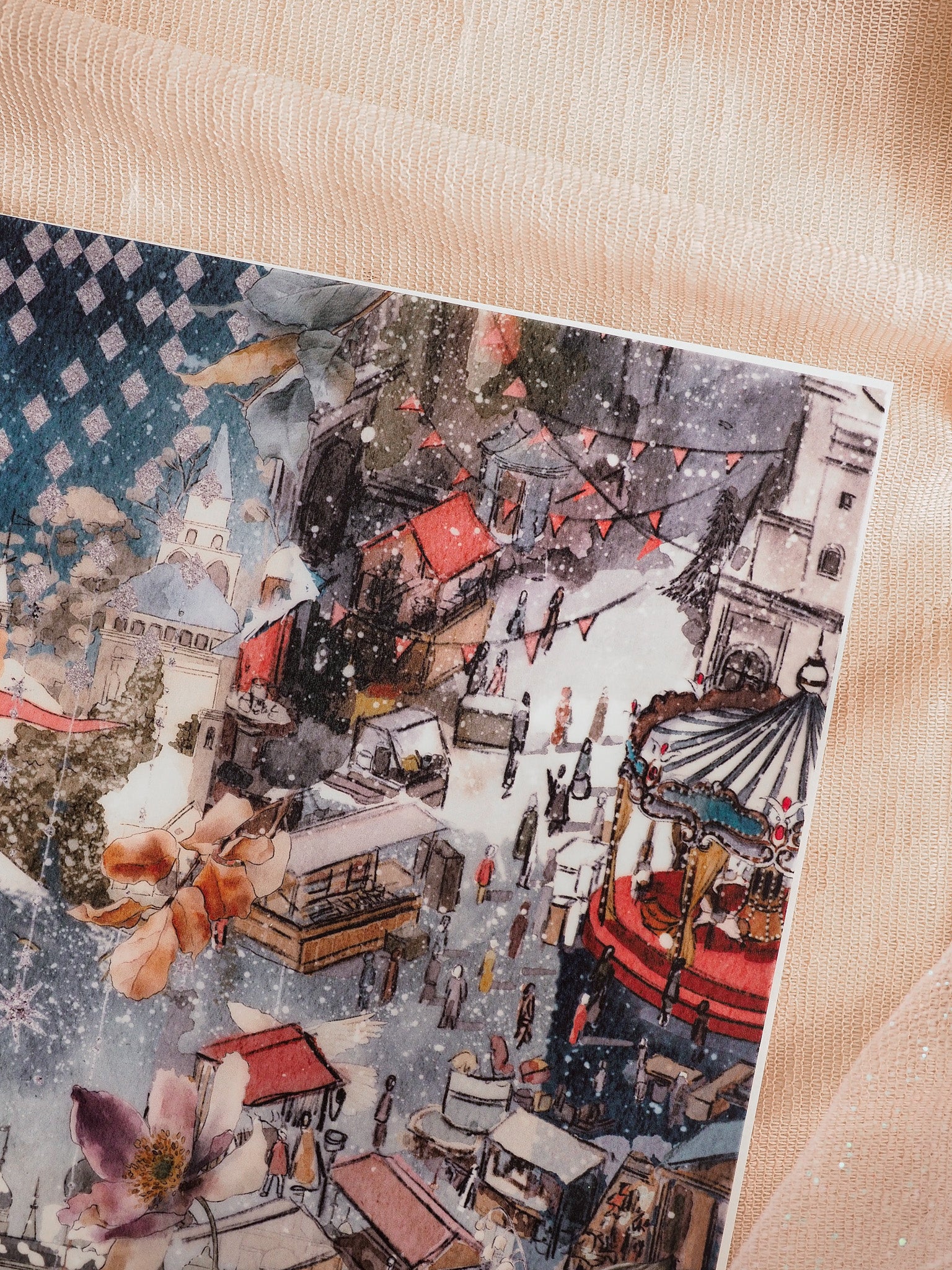 Illustration of a snowy European holiday market filled with festive stalls, warm lights, and classic Christmas decorations, designated for December 2025.