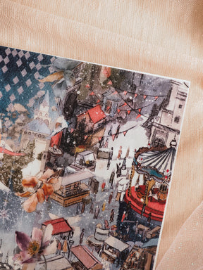 Illustration of a snowy European holiday market filled with festive stalls, warm lights, and classic Christmas decorations, designated for December 2025.