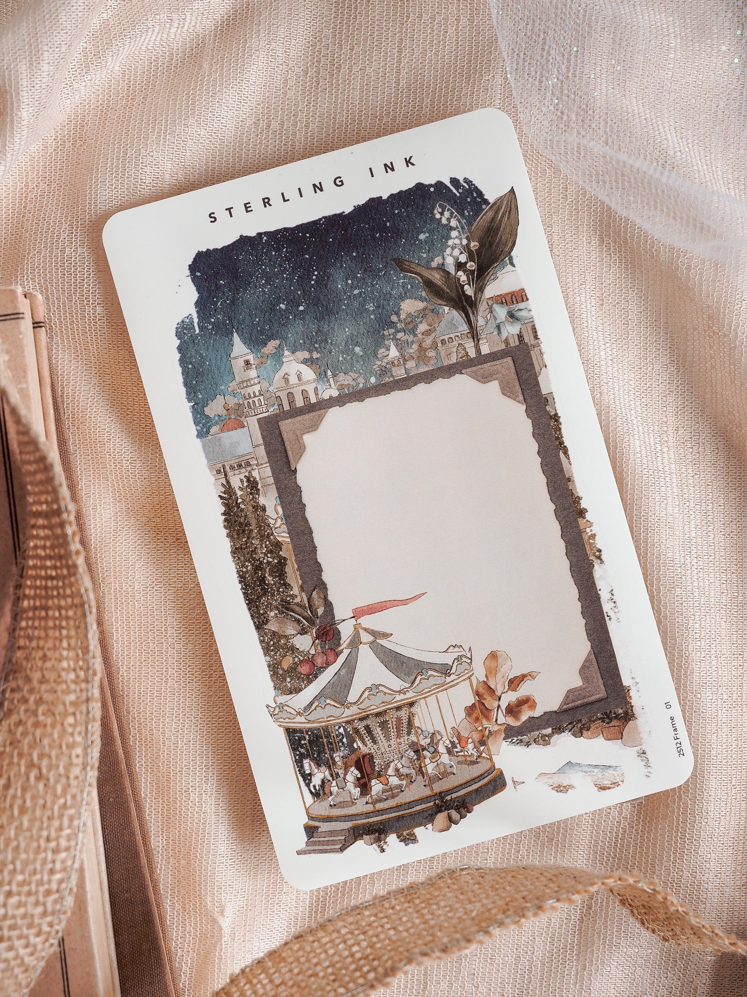 Festive vintage illustration for December, showcasing a detailed carousel and European streetscape framed by foliage within a neutral writing space.