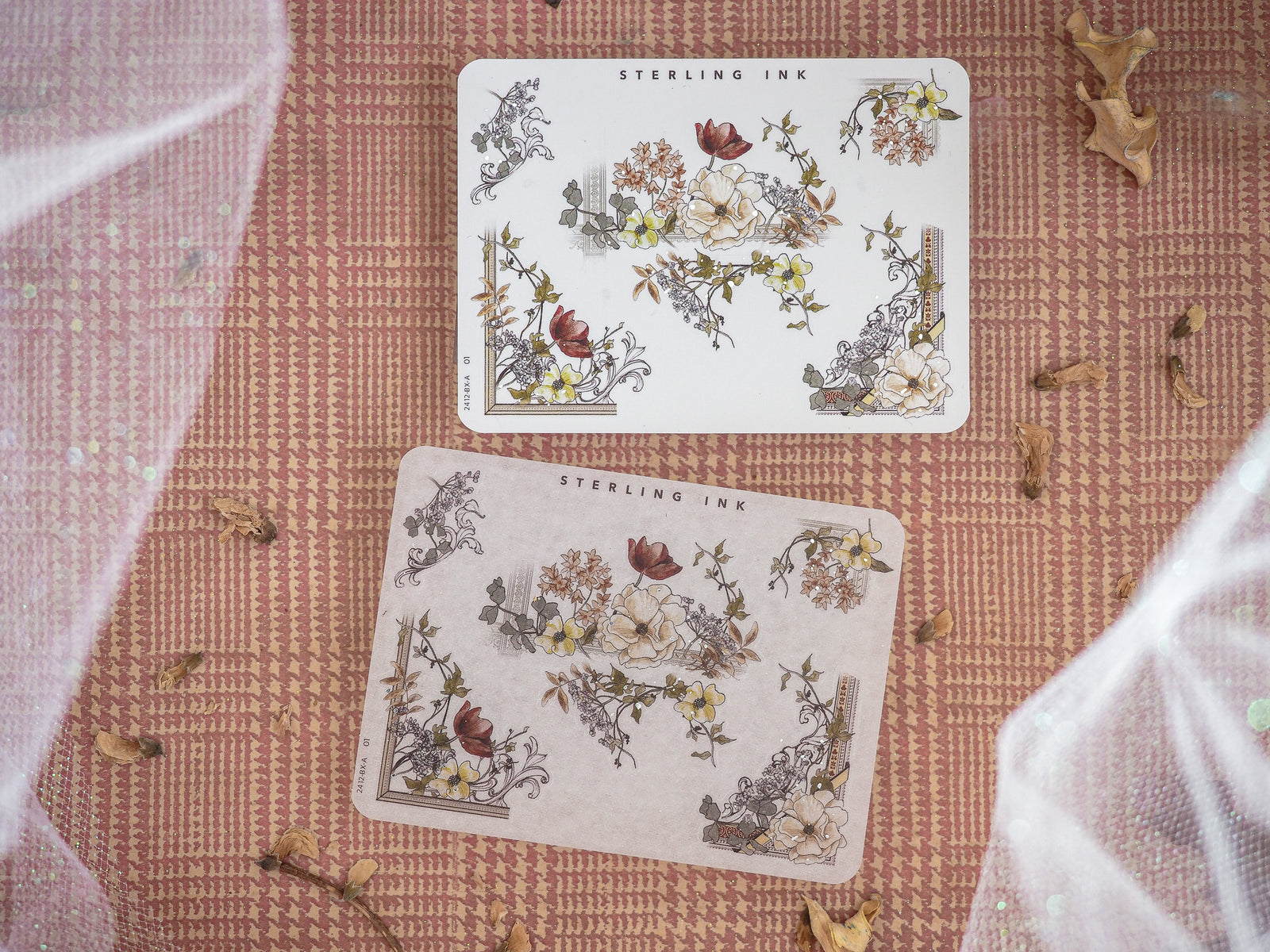 Elegant set of decorative sticker sheets featuring vintage floral and botanical engravings in soft, muted tones, designed for accenting edges and corners.