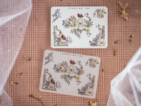 Elegant set of decorative sticker sheets featuring vintage floral and botanical engravings in soft, muted tones, designed for accenting edges and corners.