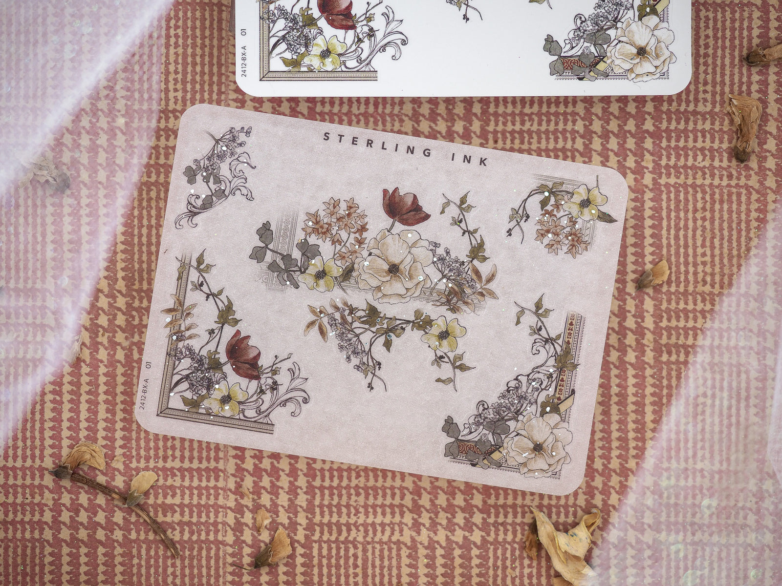 Ornate sticker sheet featuring engraved floral bouquets, botanical corner accents, and vintage borders in muted tones, perfect for journaling and crafting.